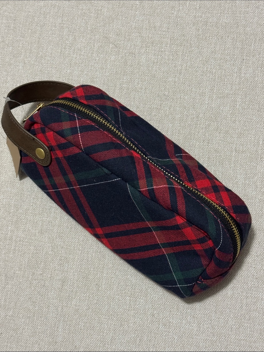 NWT Toiletries Bag-Red/Navy Plaid-Brown Faux Leather Hanging Loop